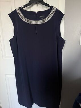 Tahari ASL Navy Shift Dress with Pearl-Embellished Collar